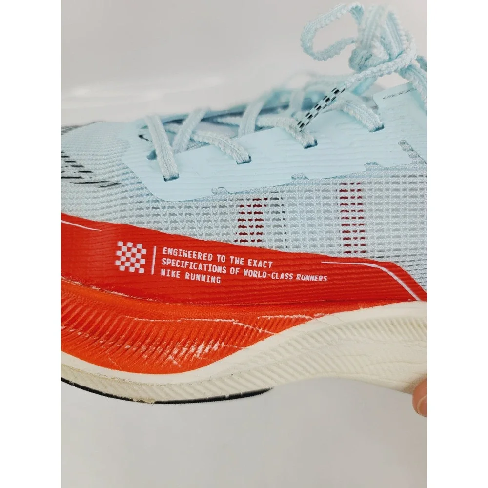 Nike, Athletic ZoomX Vaporfly Next% Running Shoes, Men, Size 9.5 Light Blue/Red.